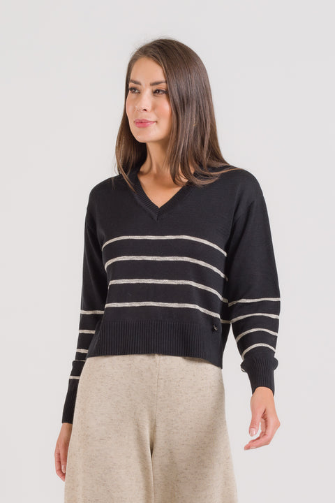 Blusa em Tricot Listrada - Antonella com decote V e manga posta