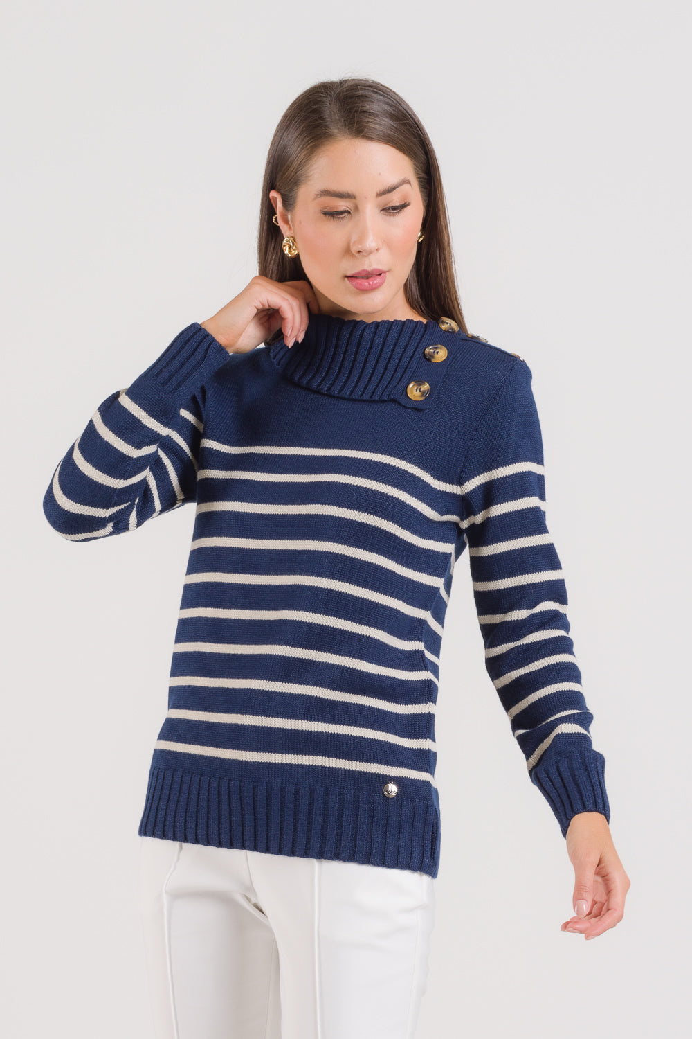 Blusa em Tricot com Listras e Botões - Vivian