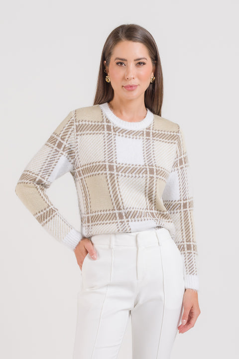 Blusa em Tricot Xadrez - Ana Paula com decote redondo