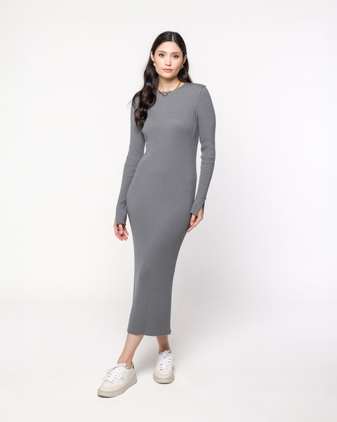 Vestido Tricot Canelado com Fenda - Alessandra com gola redonda