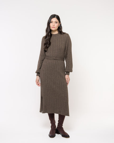 Vestido em Tricot com Manga Bufante e Cinto - Camila