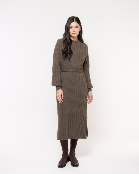 Vestido em Tricot com Manga Bufante e Cinto - Camila