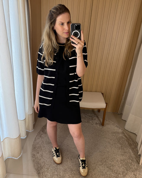 Camisa listrada em tricot - Micaela com gola polo e botões forrados