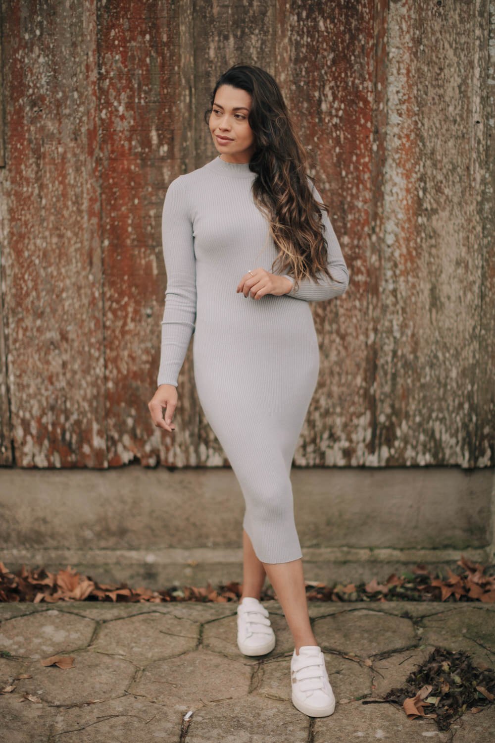 Vestido Canelado em Tricot Manga Longa - Paola