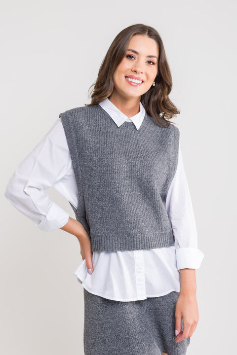 Colete Tricot Cropped - Lidiane com decote redondo