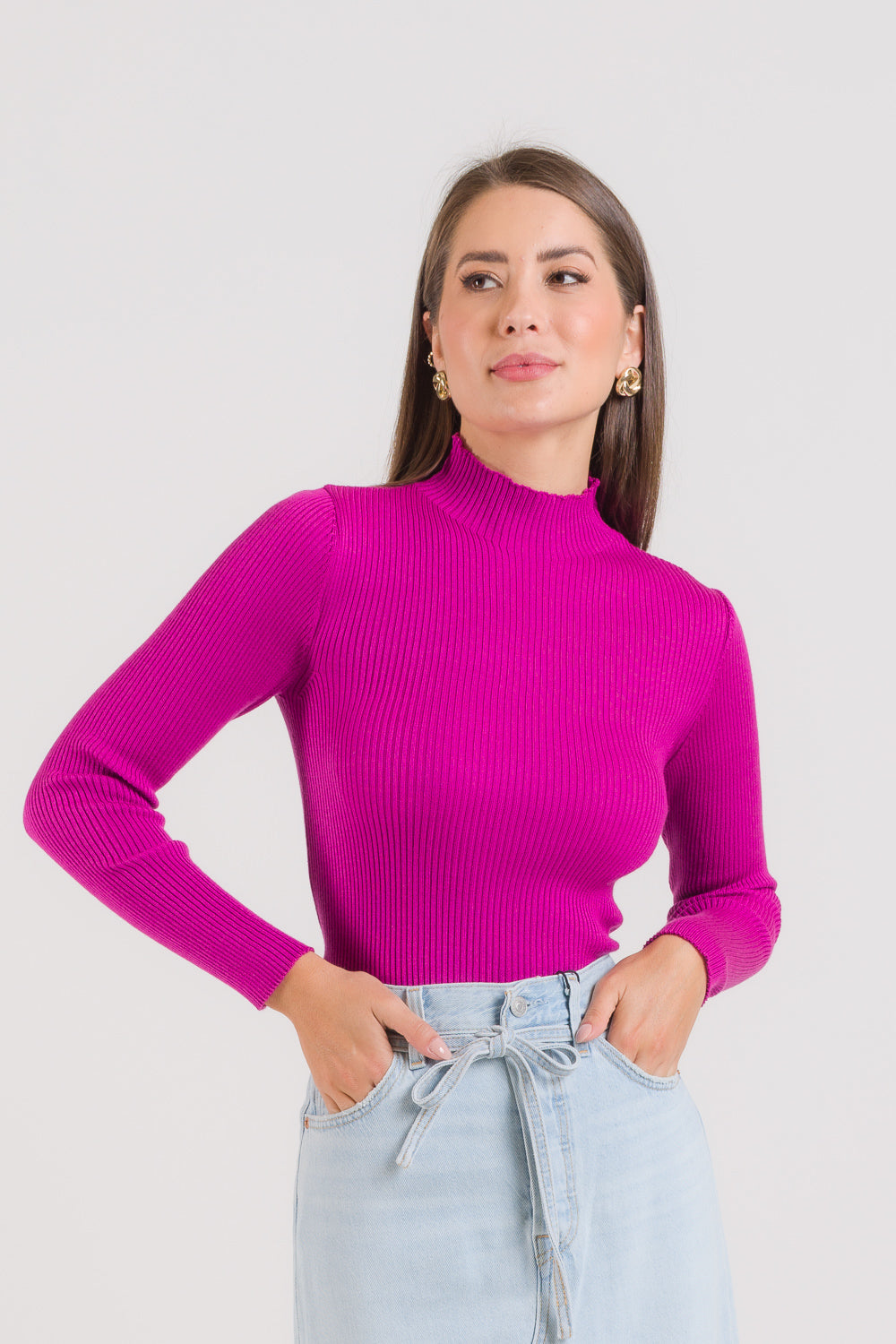 Blusa Básica Tricot Canelada Gola Chaminé