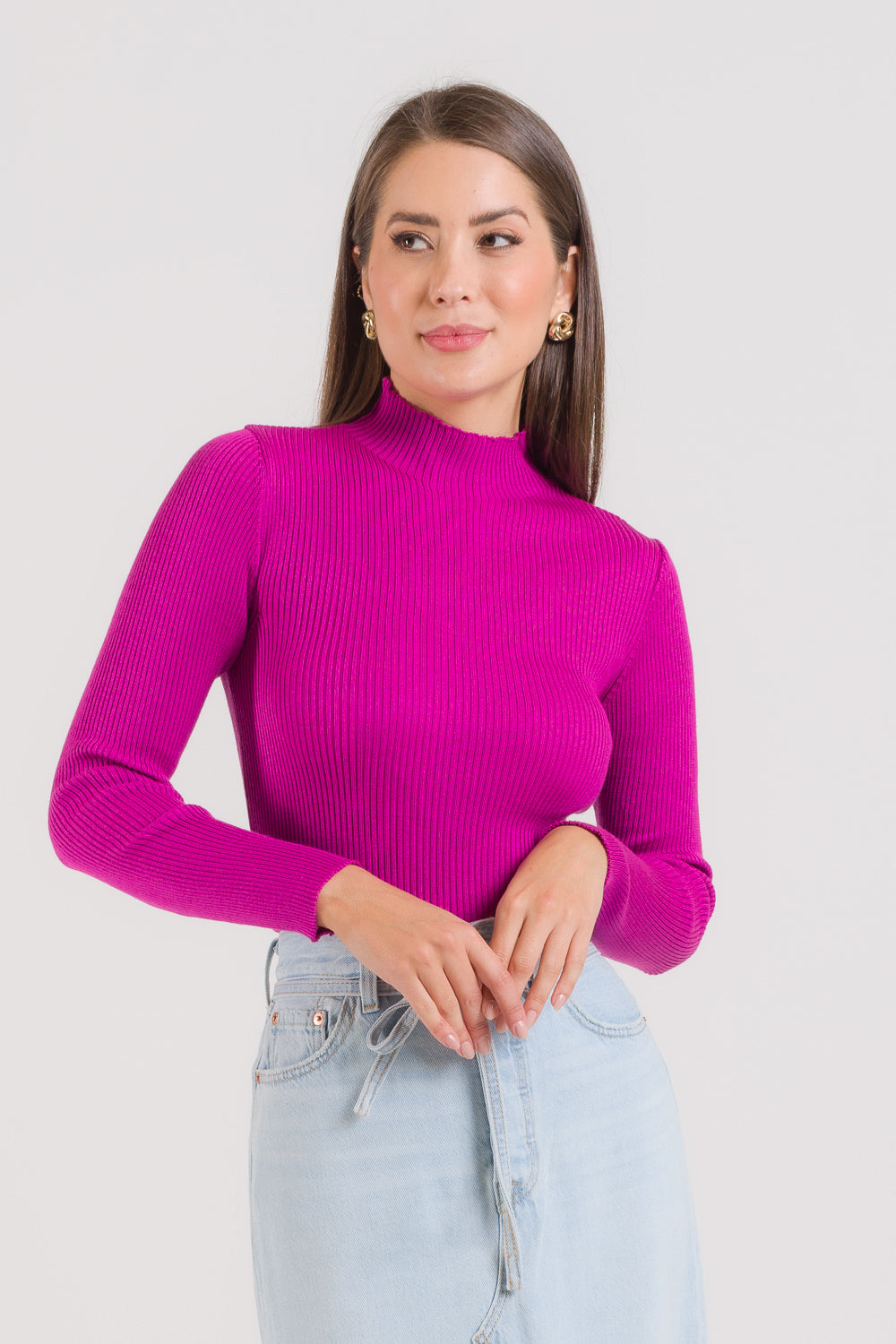 Blusa Básica Tricot Canelada Gola Chaminé