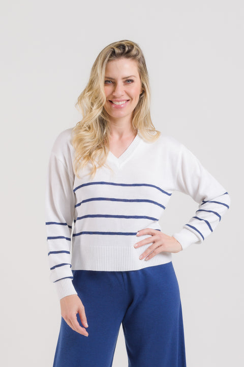 Blusa em Tricot Listrada - Antonella com decote V e manga posta