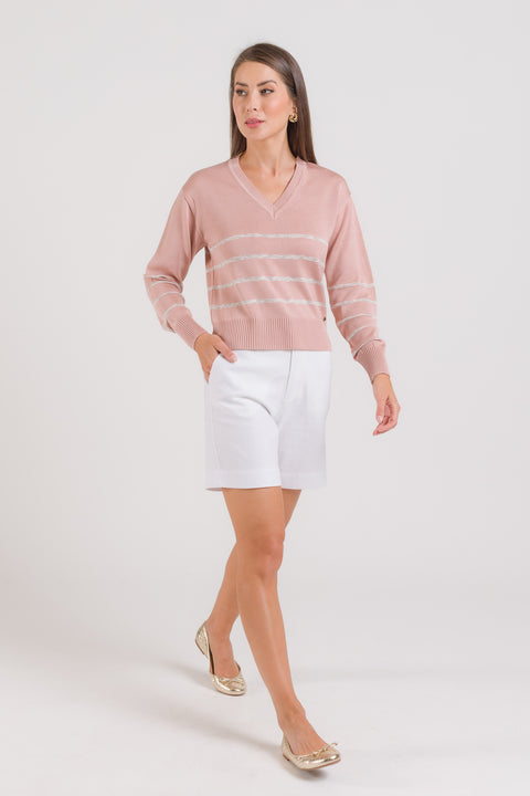 Blusa em Tricot Listrada - Antonella com decote V e manga posta