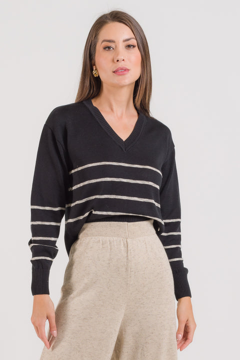 Blusa em Tricot Listrada - Antonella com decote V e manga posta