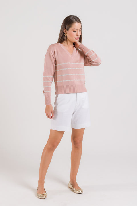 Blusa em Tricot Listrada - Antonella com decote V e manga posta