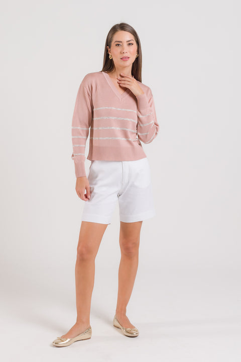 Blusa em Tricot Listrada - Antonella com decote V e manga posta