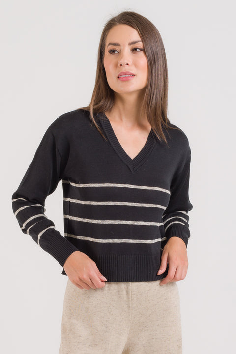 Blusa em Tricot Listrada - Antonella com decote V e manga posta