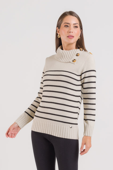 Blusa em Tricot com Listras e Botões - Vivian com manga posta e abertura lateral