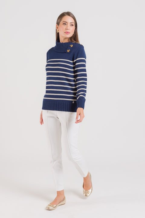 Blusa em Tricot com Listras e Botões - Vivian com manga posta e abertura lateral
