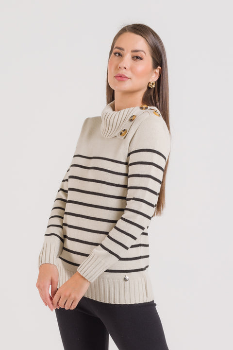Blusa em Tricot com Listras e Botões - Vivian com manga posta e abertura lateral