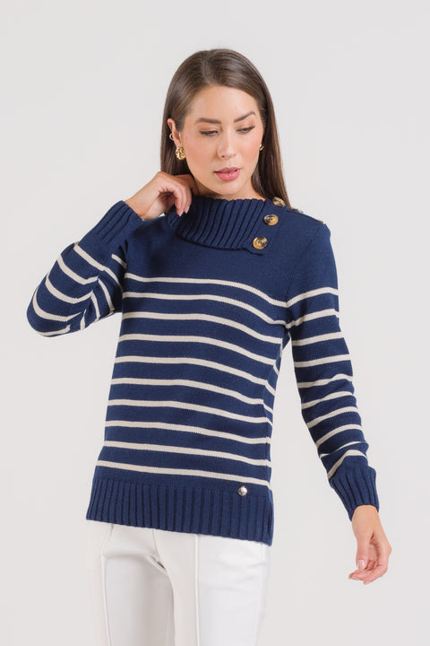 Blusa em Tricot com Listras e Botões - Vivian com manga posta e abertura lateral