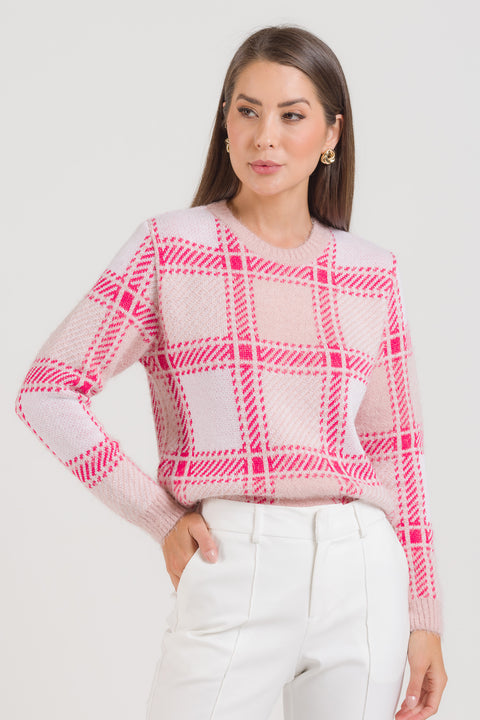 Blusa em Tricot Xadrez - Ana Paula com decote redondo