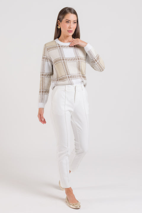 Blusa em Tricot Xadrez - Ana Paula com decote redondo