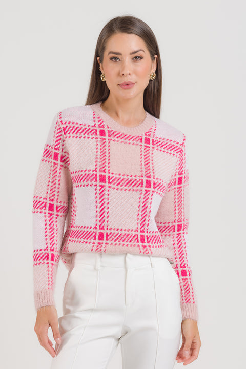 Blusa em Tricot Xadrez - Ana Paula com decote redondo