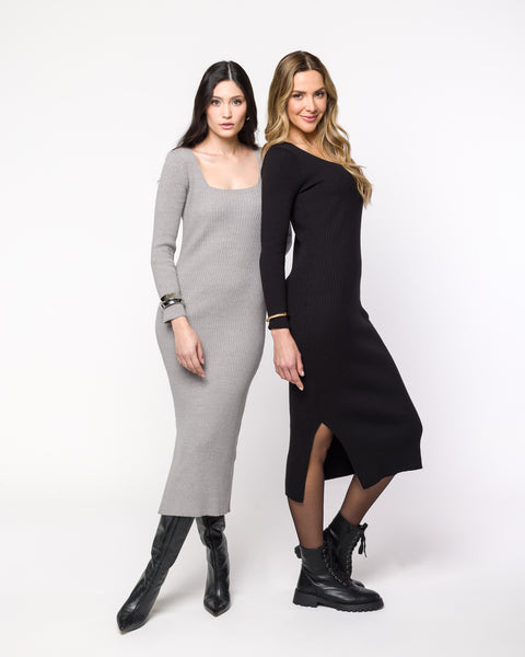 Vestido em Tricot Canelado Decote Quadrado - Stella com comprimento midi e fenda lateral