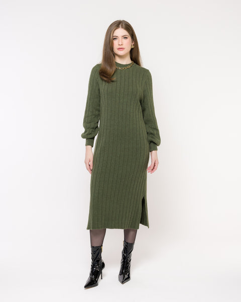 Vestido em Tricot com Manga Bufante e Cinto - Camila com decote redondo e manga posta