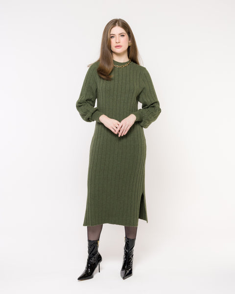 Vestido em Tricot com Manga Bufante e Cinto - Camila com decote redondo e manga posta