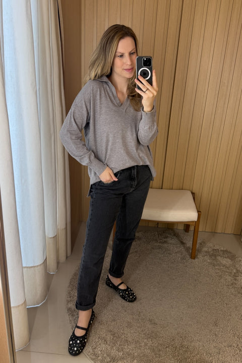 Blusa em Tricot Ampla e Gola Polo V - Alana