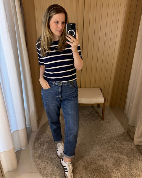 Blusa T-shirt listrada Tricot - Maísa com decote redondo e manga posta