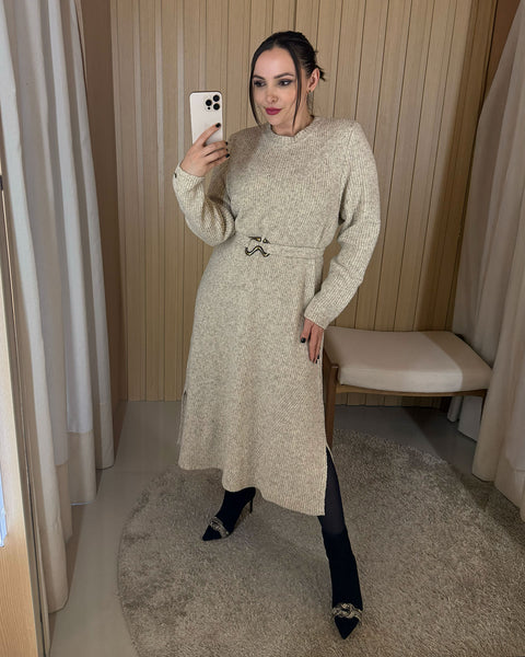 Vestido em Tricot Midi com Cinto - Diana com comprimento midi