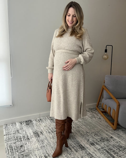 Vestido Midi em Tricot - Talita com decote redondo e cinto