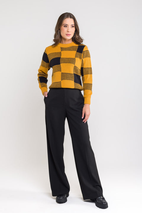 Blusa Tricot Xadrez - Andreia com gola redonda e manga posta