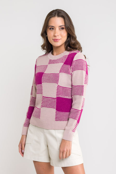 Blusa Tricot Xadrez - Andreia com gola redonda e manga posta