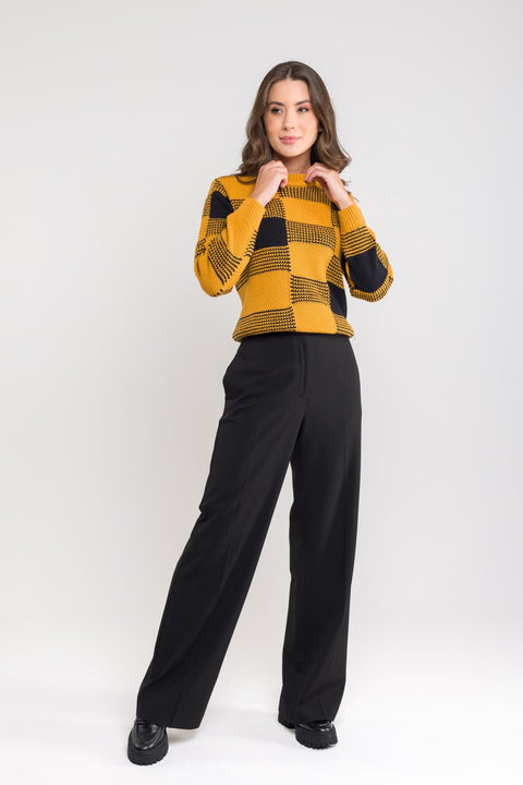 Blusa Tricot Xadrez - Andreia com gola redonda e manga posta