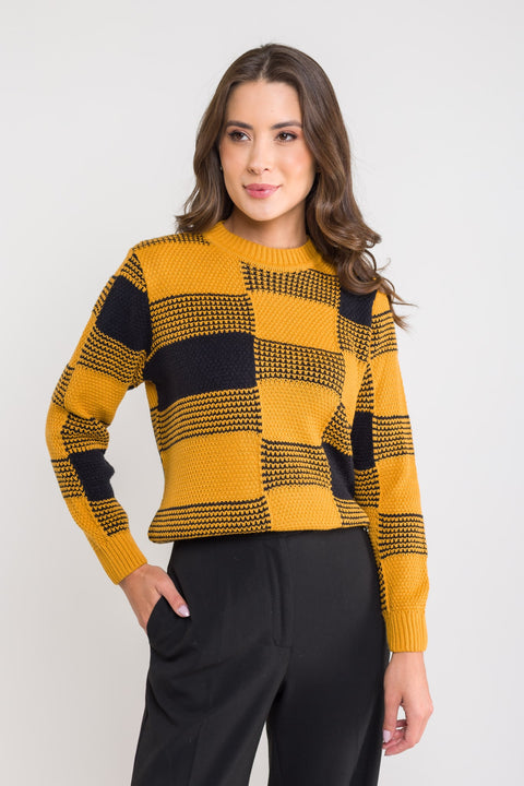 Blusa Tricot Xadrez - Andreia com gola redonda e manga posta