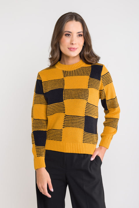 Blusa Tricot Xadrez - Andreia com gola redonda e manga posta