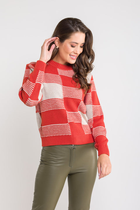 Blusa Tricot Xadrez - Andreia com gola redonda e manga posta