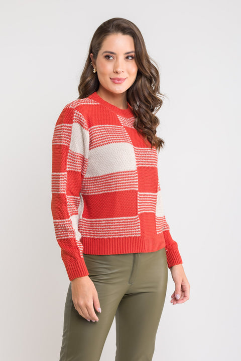 Blusa Tricot Xadrez - Andreia com gola redonda e manga posta