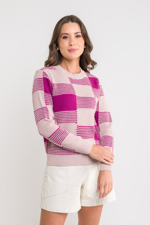 Blusa Tricot Xadrez - Andreia com gola redonda e manga posta