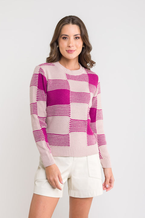 Blusa Tricot Xadrez - Andreia com gola redonda e manga posta