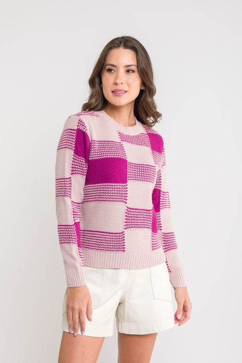 Blusa Tricot Xadrez - Andreia com gola redonda e manga posta