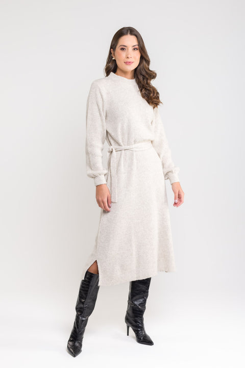 Vestido Midi em Tricot - Talita com decote redondo e cinto